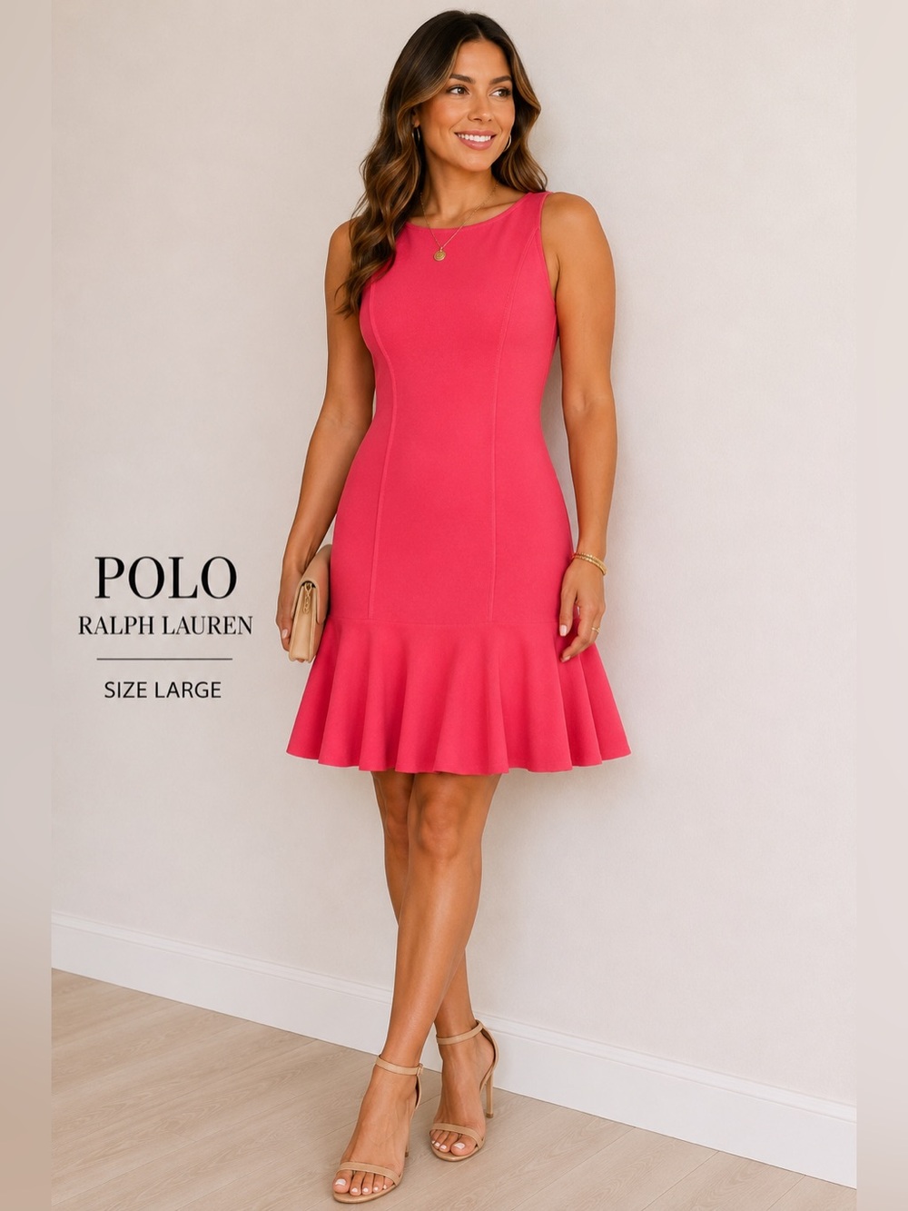 Polo Ralph Lauren Coral Pink Stretch Knit Ruffle Hem Dress Size L MSRP $148
